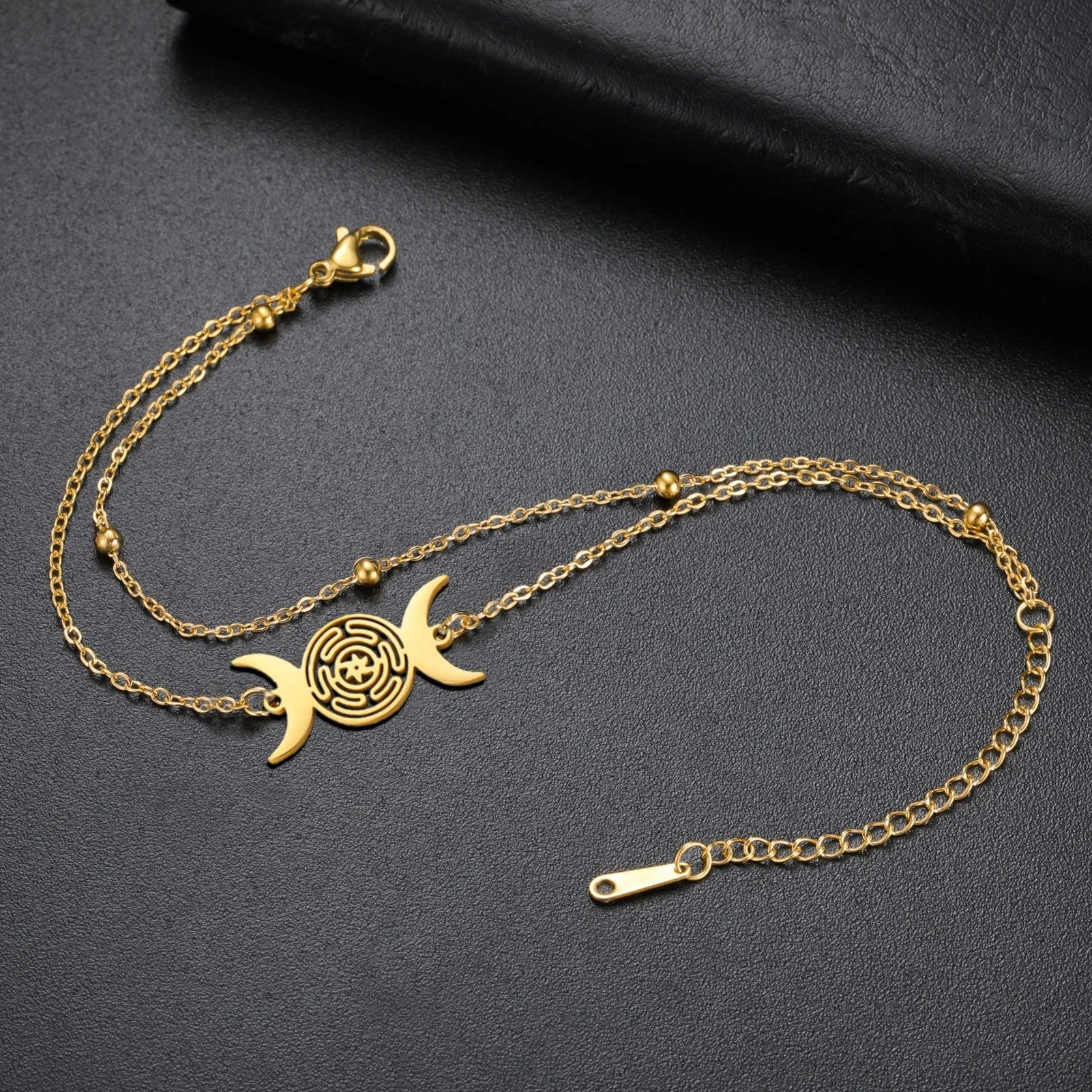 Triple Moon Goddess Bracelet for Women Hecate Wheel Adjustable Black Rope Bracelet Wiccan Pagan Jewelry Gift