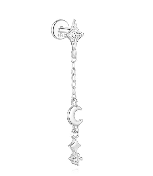 1PC 925 Sterling Silver Eight-pointed Star CZ Piercing Earring For Women Ins Tassel Chain Stud Earring Party Fine Jewelry