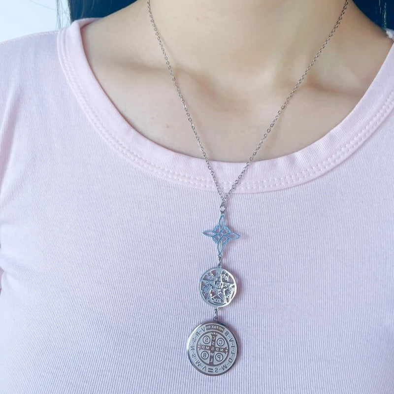 Triple Amulets Protection Necklaces for Women Witch Knot Pentagram Tetragrammaton St. Benedict Stainless Steel Jewerly Gift