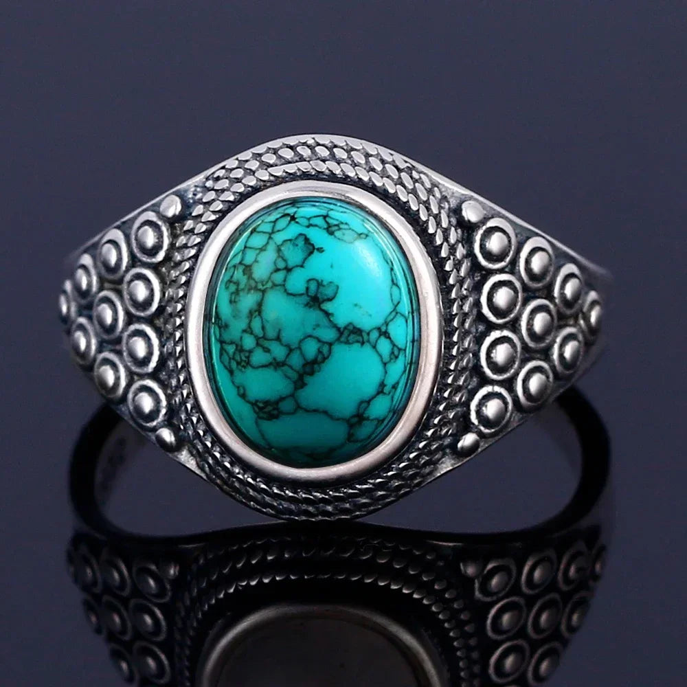 S925 Sterling Silver Vintage Ring With Natural Turquoise Stone Rings Oval and Round Shape Flower Carved Rings For Women Men