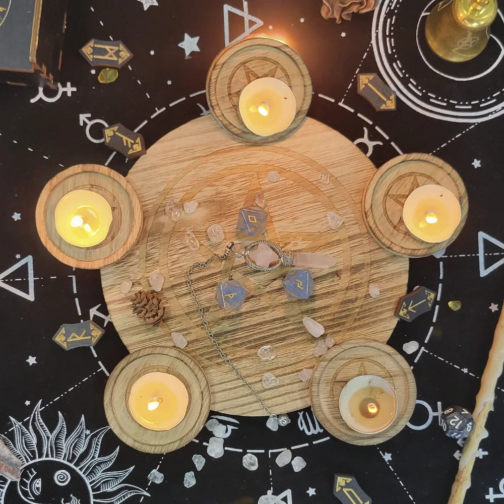 2-in-1 Pentagram Wooden Candle Holder Tray DIY Altar Decor Witchcraft Wicca Spell Ritual Tarot Supplies
