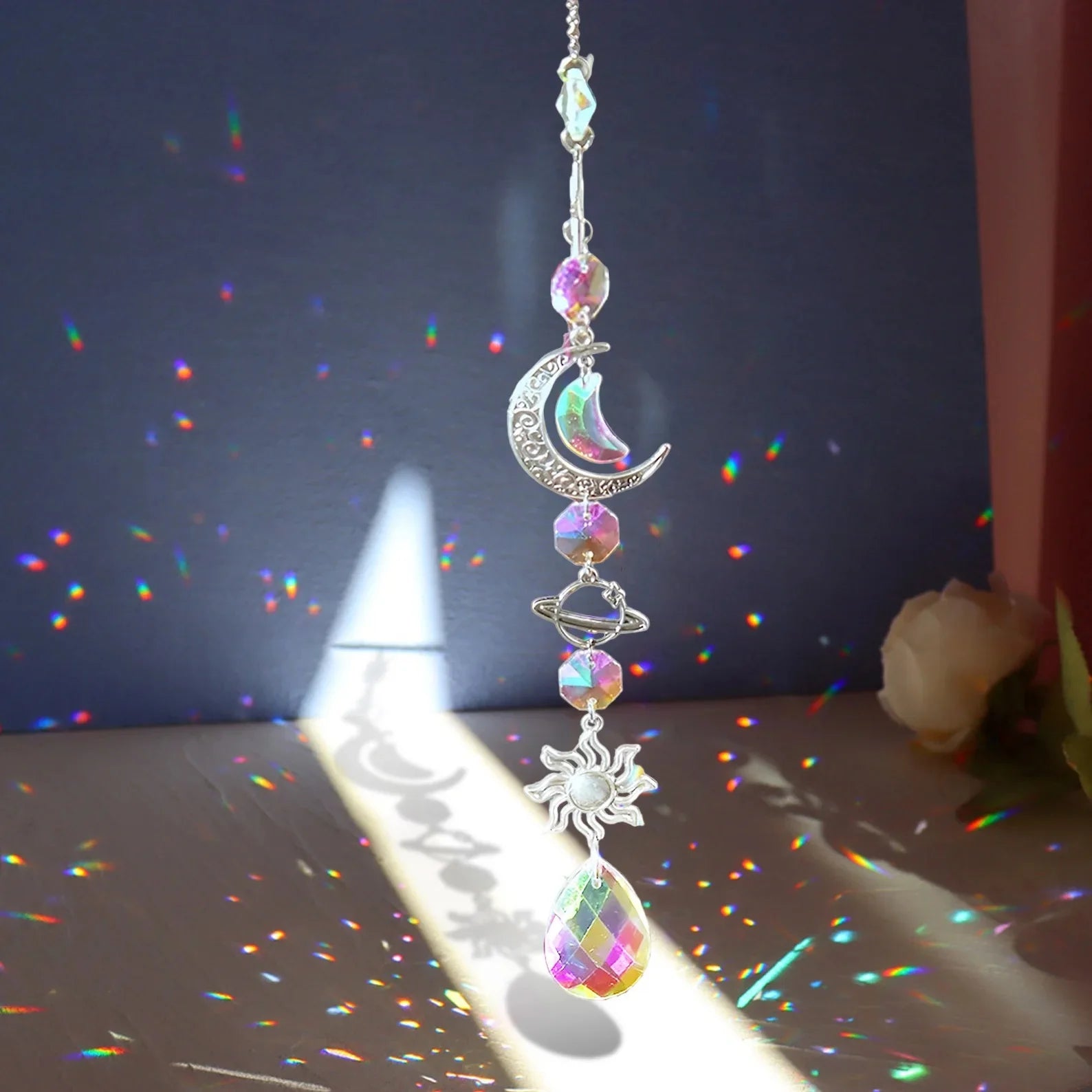 Crystal Sun Catcher Wind Chime Triple moon Star of David Planet Reiki Chakra