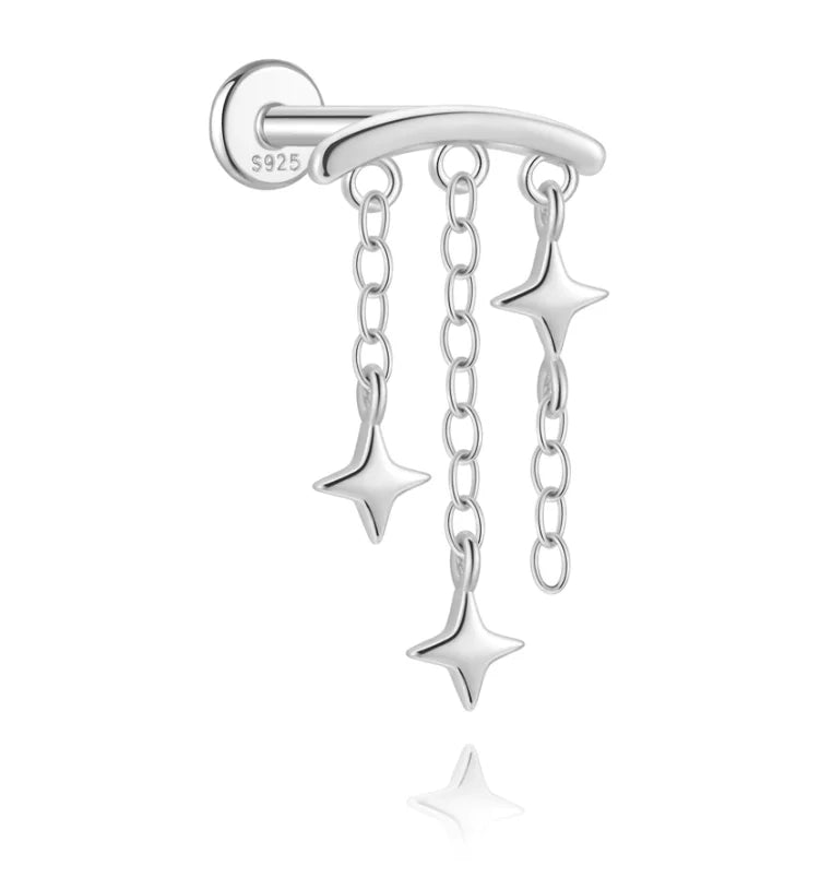1PC 925 Sterling Silver Eight-pointed Star CZ Piercing Earring For Women Ins Tassel Chain Stud Earring Party Fine Jewelry