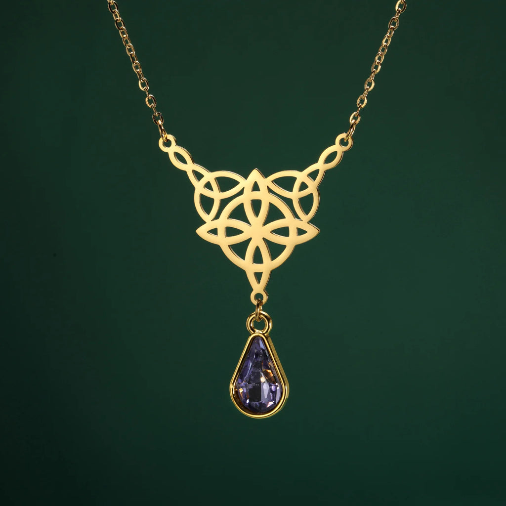 Witch Knot Necklace For Women Stainless Steel Hollow Celtic Knot Crystal Pendant Necklace