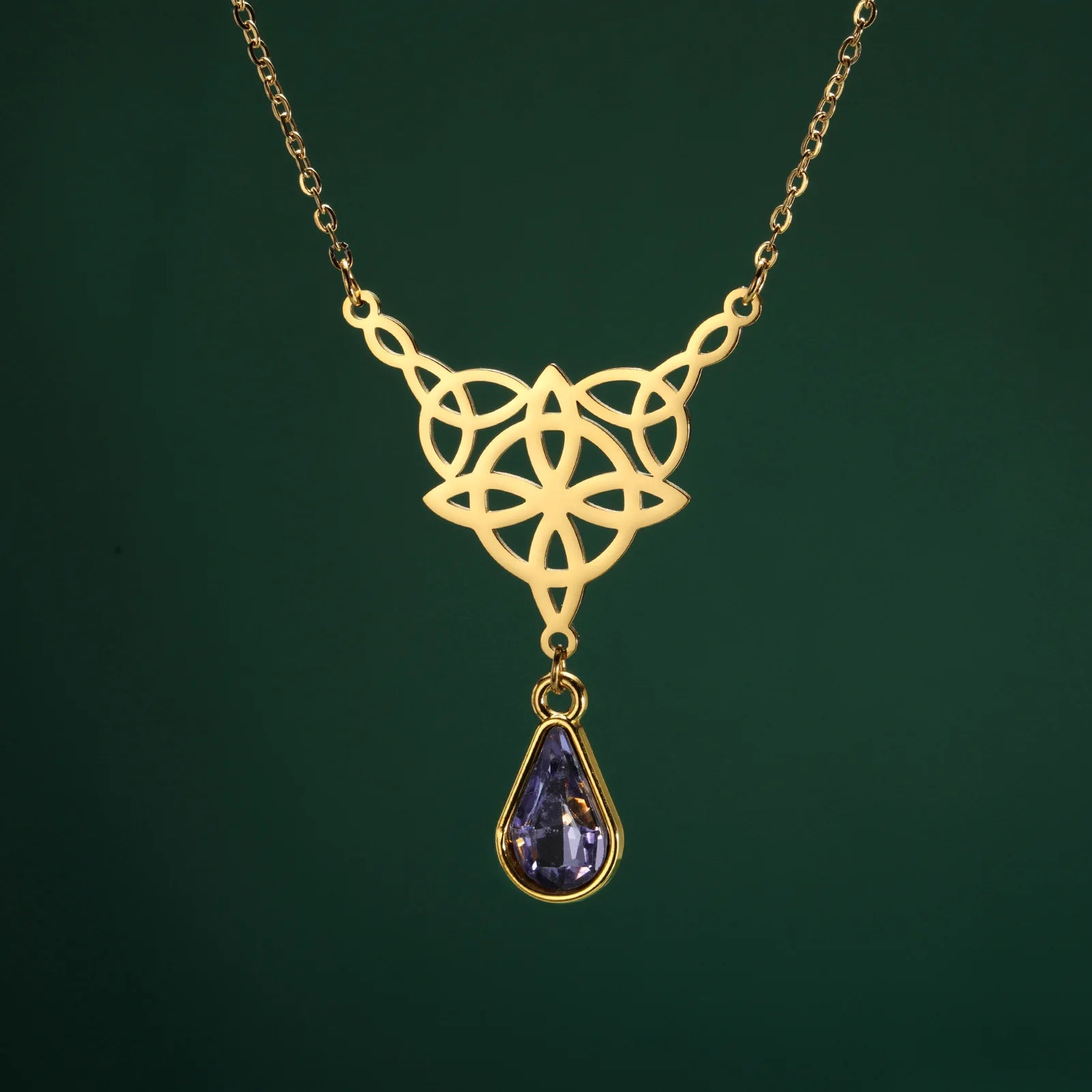 Witch Knot Necklace For Women Stainless Steel Hollow Celtic Knot Crystal Pendant Necklace