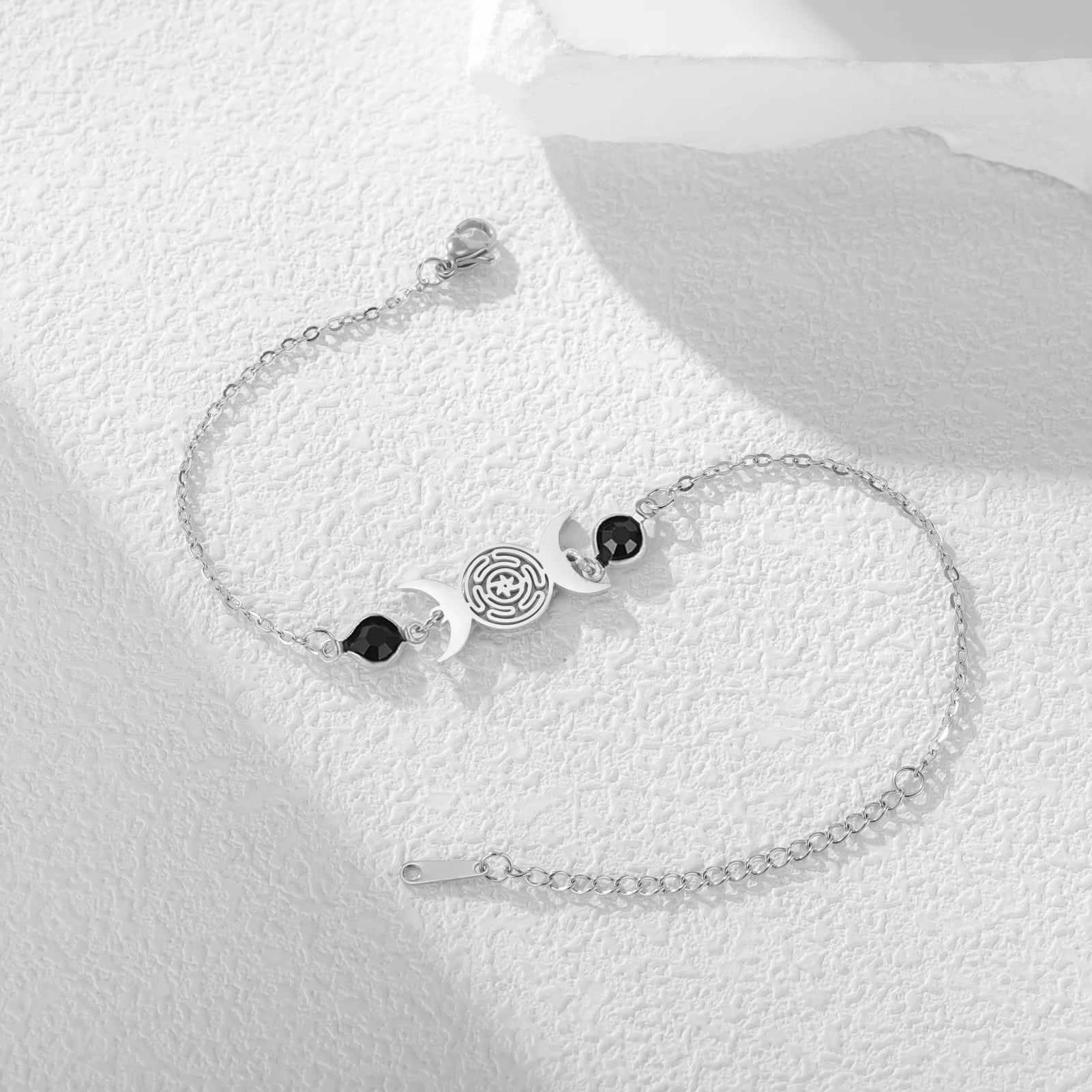 Triple Moon Goddess Bracelet for Women Hecate Wheel Adjustable Black Rope Bracelet Wiccan Pagan Jewelry Gift