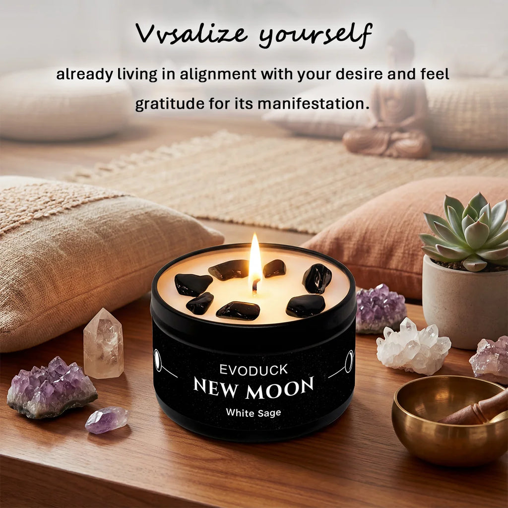 1pc New Moon Scented Candles Crystal Energy Candles 3oz Soy Wax Scented Candle Black Tin with Black Crystal Chips Witchcraft Rituals