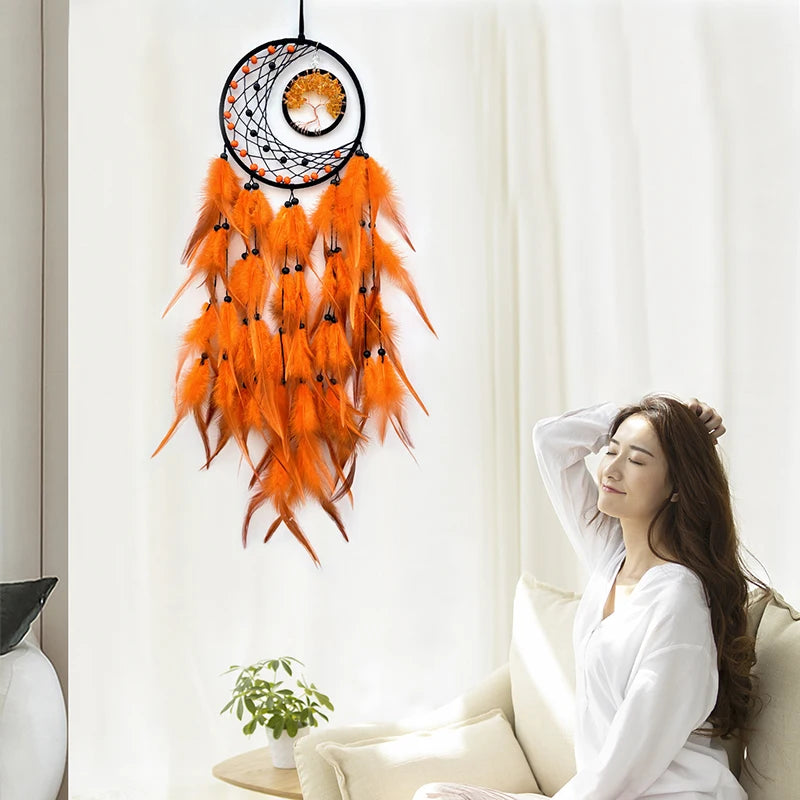 Nordic Tree Of Life Crystal Wall Hanging Dream Catcher Hand-woven with Feathers