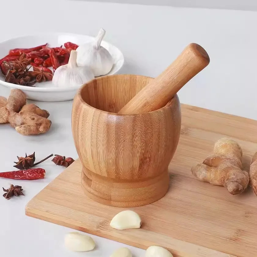 Traditional Bamboo Mortar and Pestle Set Garlic Grinder Herb Spice Masher Seasoning Crusher Kitchen Tool for Mash Spices Pepper Witchcraft Rituals