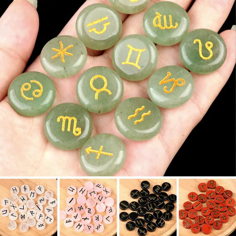 25Pcs/Set Natural Crystal Agate Rune Stones Divination Meditation Rituals Witchcraft