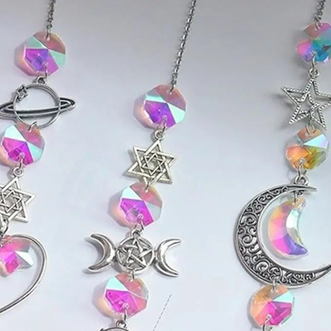 Crystal Sun Catcher Wind Chime Triple moon Star of David Planet Reiki Chakra