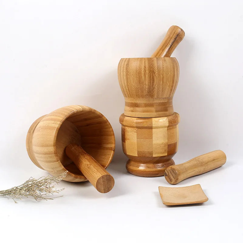 Traditional Bamboo Mortar and Pestle Set Garlic Grinder Herb Spice Masher Seasoning Crusher Kitchen Tool for Mash Spices Pepper Witchcraft Rituals