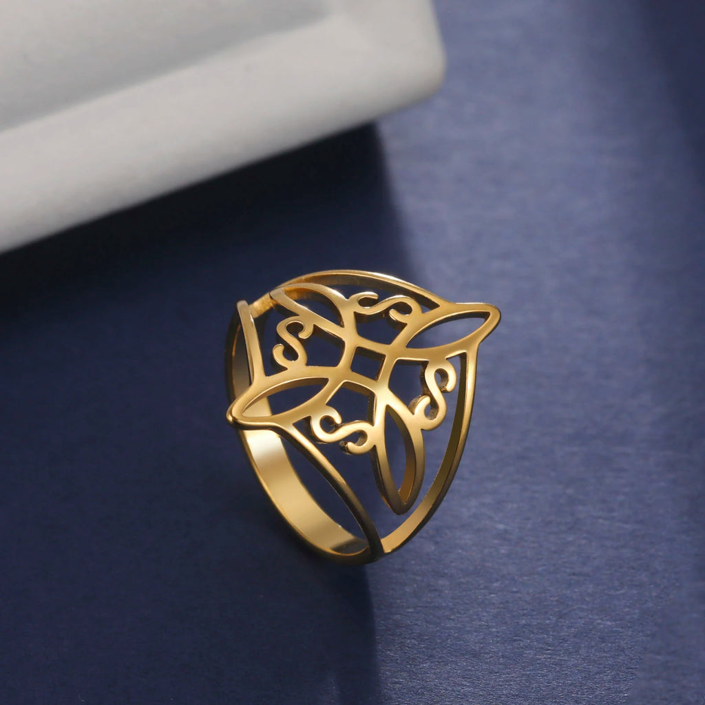 Witch Knot Stainless Steel Ring Wiccan Cross Celtics Knot Witchcraft Good Luck Protection