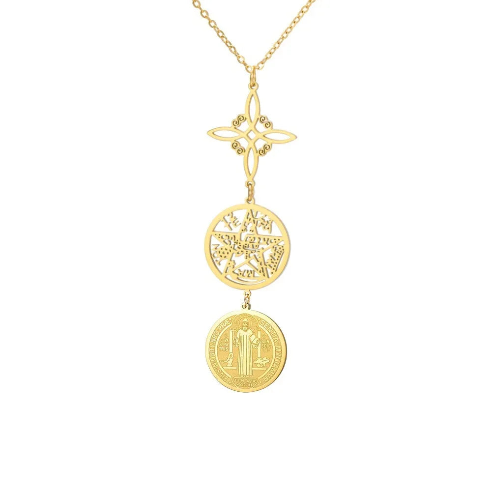 Triple Amulets Protection Necklaces for Women Witch Knot Pentagram Tetragrammaton St. Benedict Stainless Steel Jewerly Gift