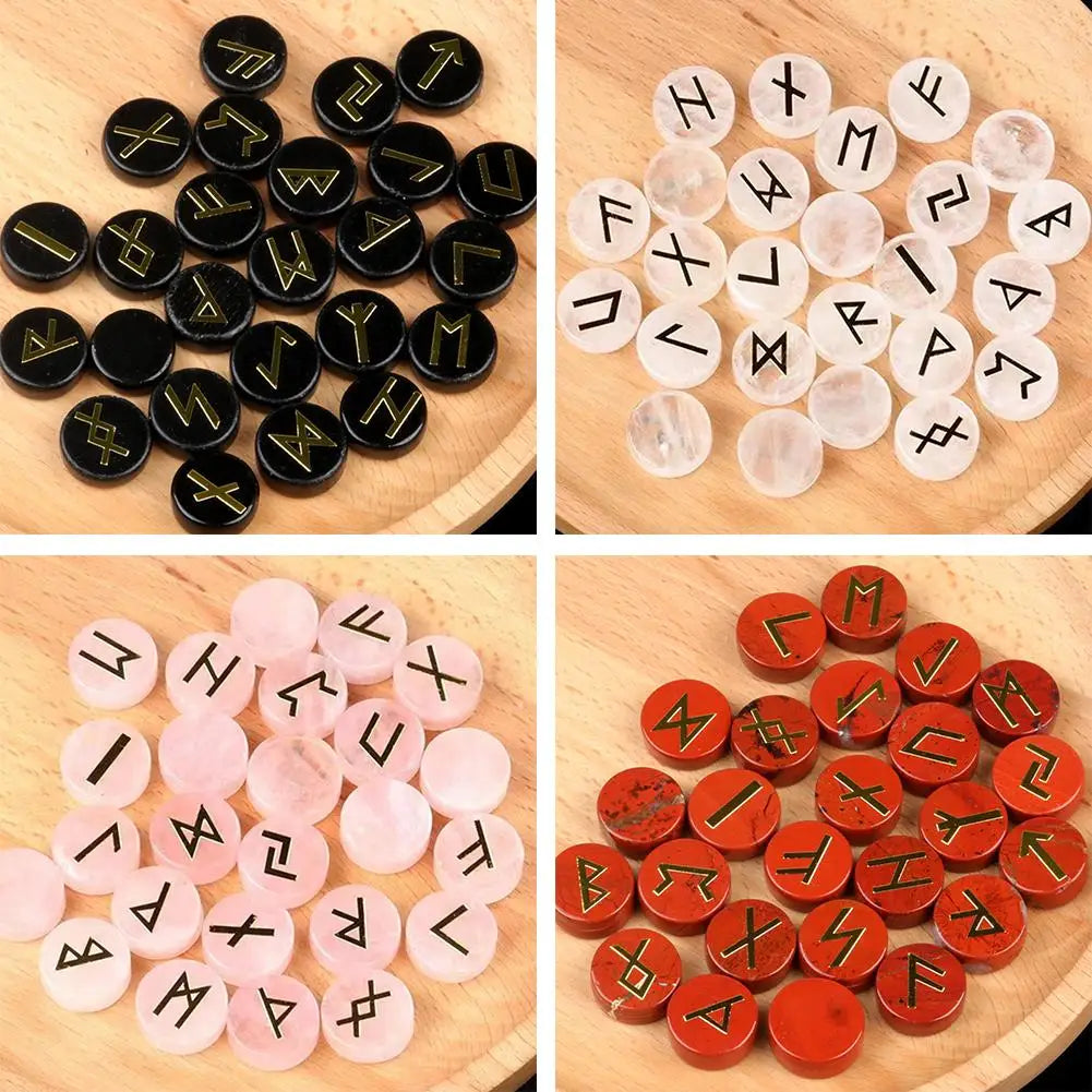 25Pcs/Set Natural Crystal Agate Rune Stones Divination Meditation Rituals Witchcraft