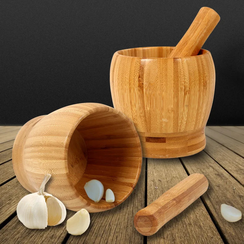 Traditional Bamboo Mortar and Pestle Set Garlic Grinder Herb Spice Masher Seasoning Crusher Kitchen Tool for Mash Spices Pepper Witchcraft Rituals