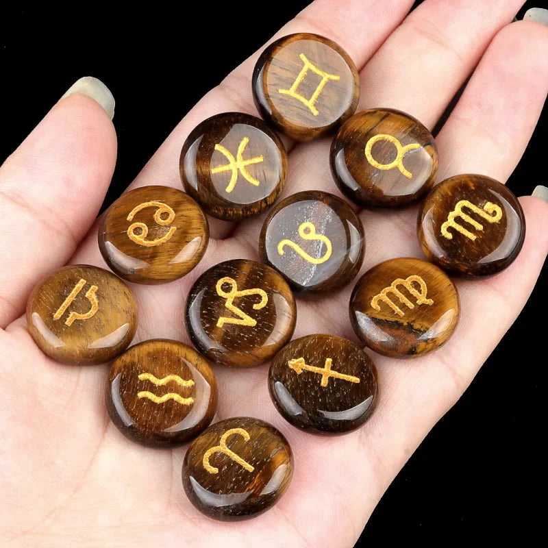 12 Constellations Themed Rune Spiritual Stones Zodiac Sign Reiki Healing Crystals Pocket Stones Natural Obsidian