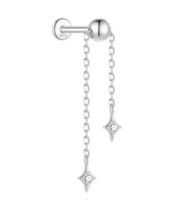 1PC 925 Sterling Silver Eight-pointed Star CZ Piercing Earring For Women Ins Tassel Chain Stud Earring Party Fine Jewelry