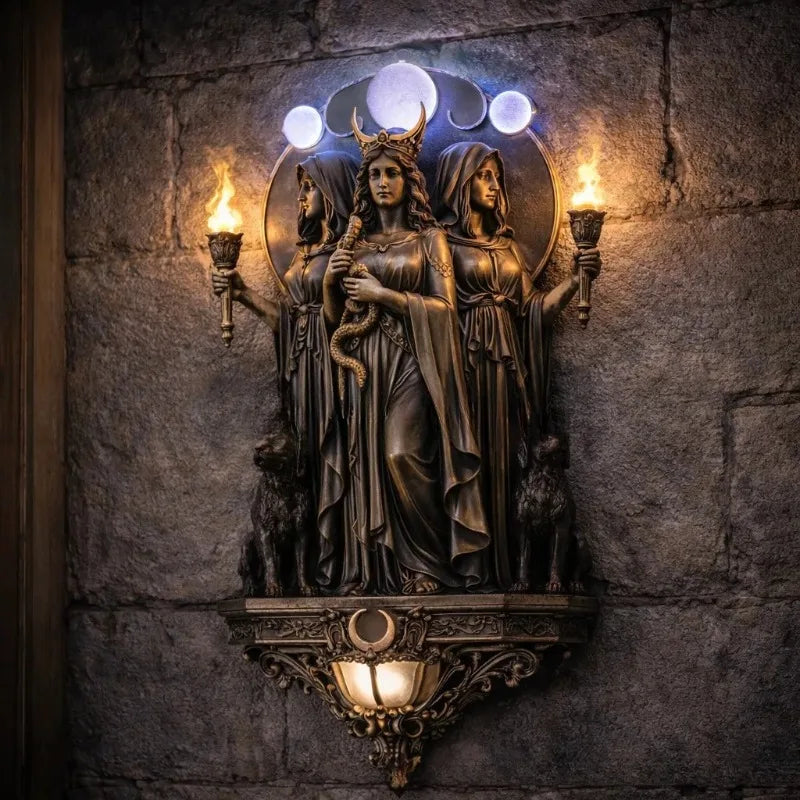Hecate Wall Lamp Triple Goddess Three Headed Sculpture Archangel Michael Odin Statue Art Decor For Bedroom Living Room Witchcraft, Ritual
