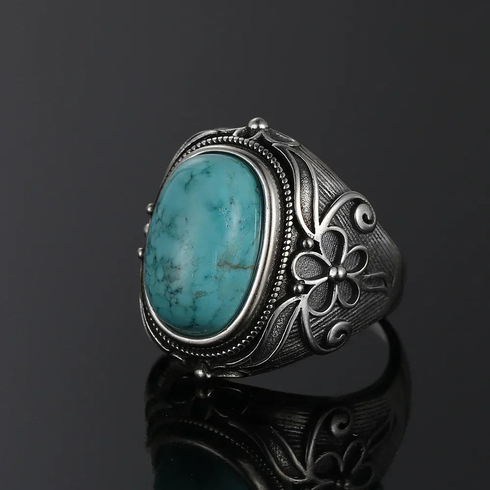 S925 Sterling Silver Vintage Ring With Natural Turquoise Stone Rings Oval and Round Shape Flower Carved Rings For Women Men