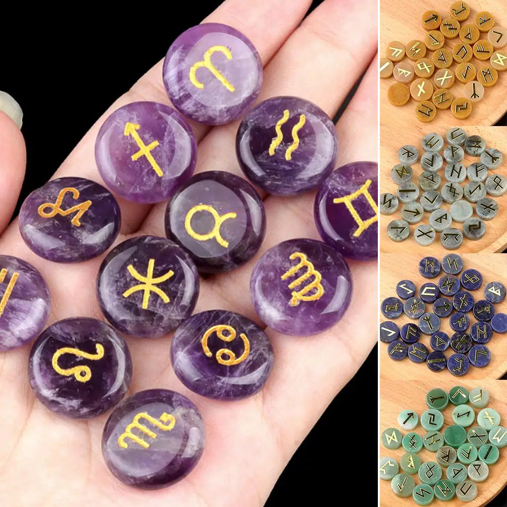 25Pcs/Set Natural Crystal Agate Rune Stones Divination Meditation Rituals Witchcraft