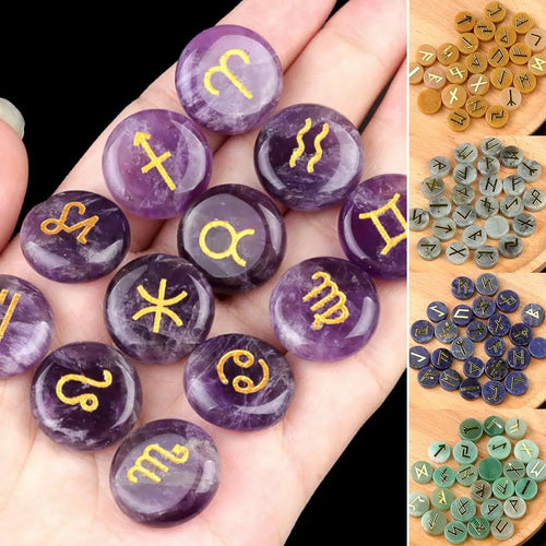 25Pcs/Set Natural Crystal Agate Rune Stones Divination Meditation Rituals Witchcraft