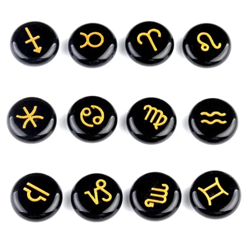 12 Constellations Themed Rune Spiritual Stones Zodiac Sign Reiki Healing Crystals Pocket Stones Natural Obsidian