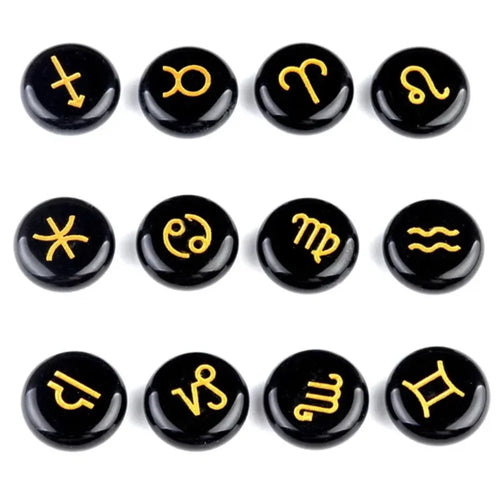 12 Constellations Themed Rune Spiritual Stones Zodiac Sign Reiki Healing Crystals Pocket Stones Natural Obsidian