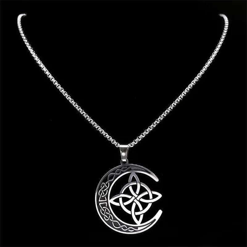 Crescent Celtic Irish Knot Necklaces Stainless Steel Witch Moon Amulet Protection with Chain Necklace