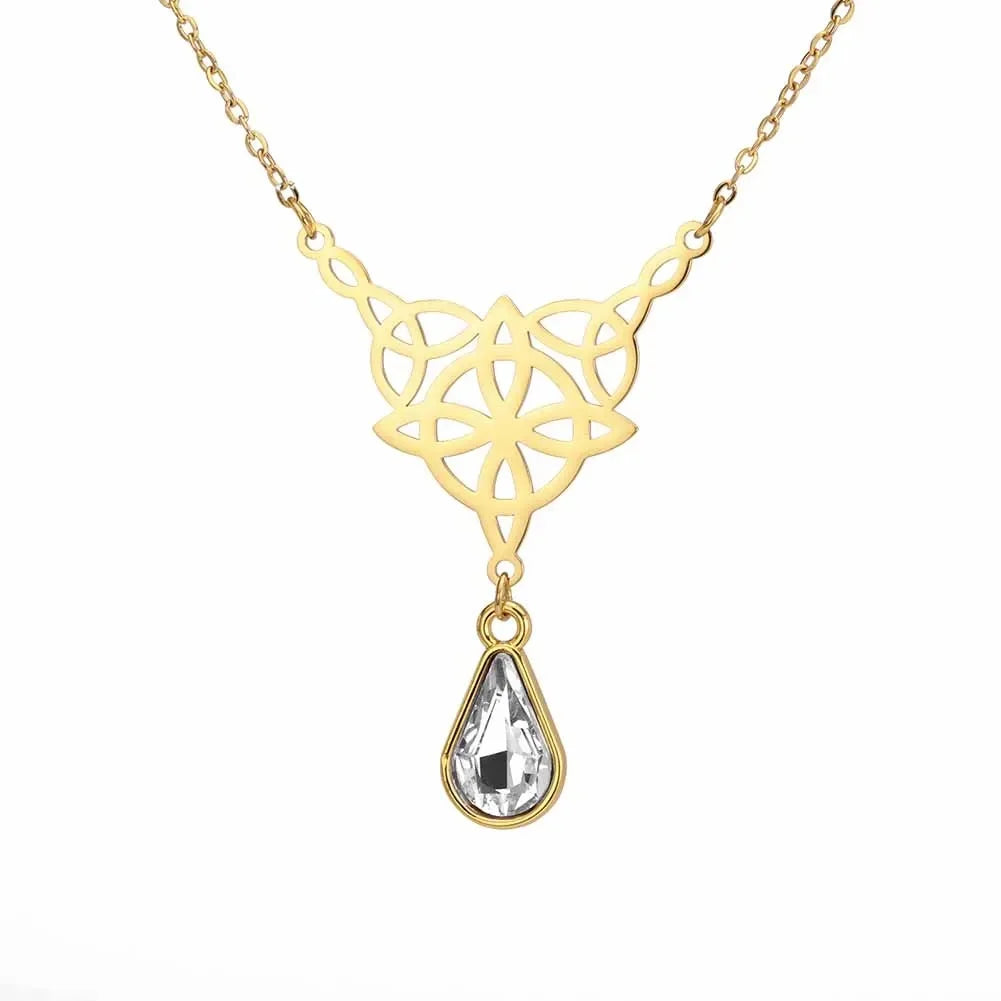 Witch Knot Necklace For Women Stainless Steel Hollow Celtic Knot Crystal Pendant Necklace