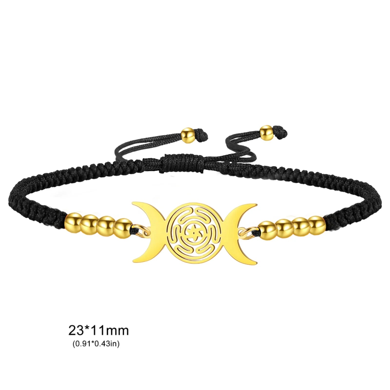 Triple Moon Goddess Bracelet for Women Hecate Wheel Adjustable Black Rope Bracelet Wiccan Pagan Jewelry Gift