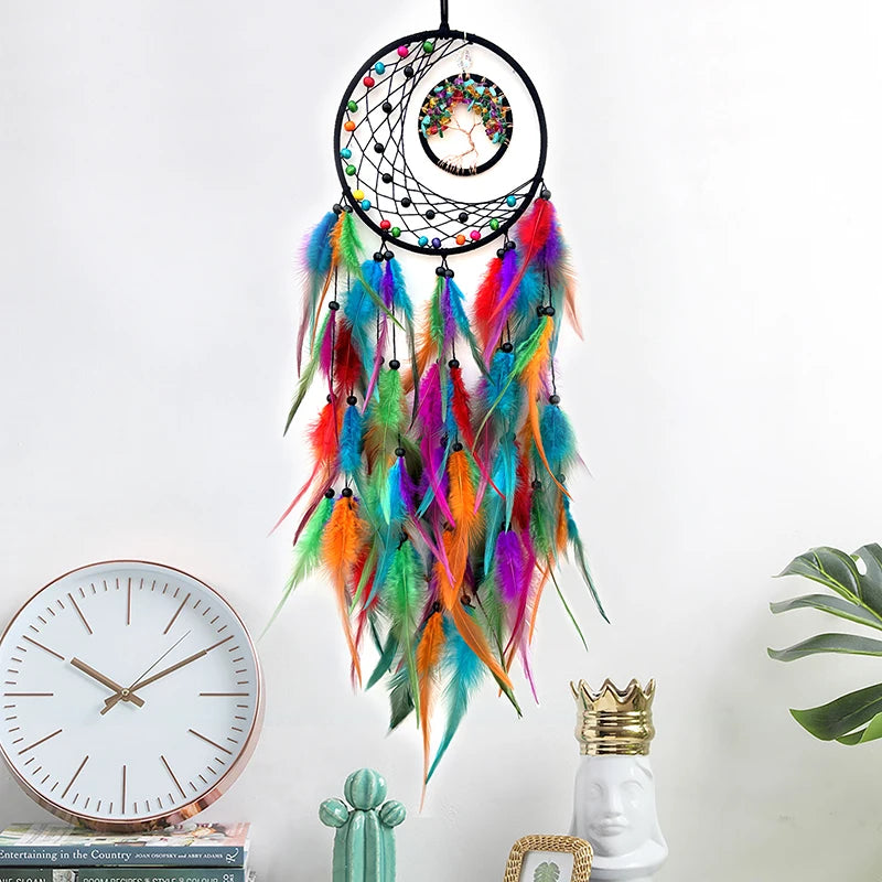 Nordic Tree Of Life Crystal Wall Hanging Dream Catcher Hand-woven with Feathers
