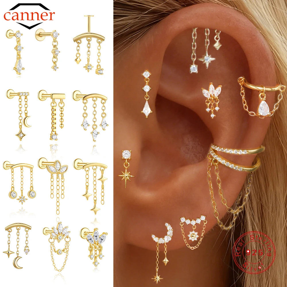 1PC 925 Sterling Silver Eight-pointed Star CZ Piercing Earring For Women Ins Tassel Chain Stud Earring Party Fine Jewelry