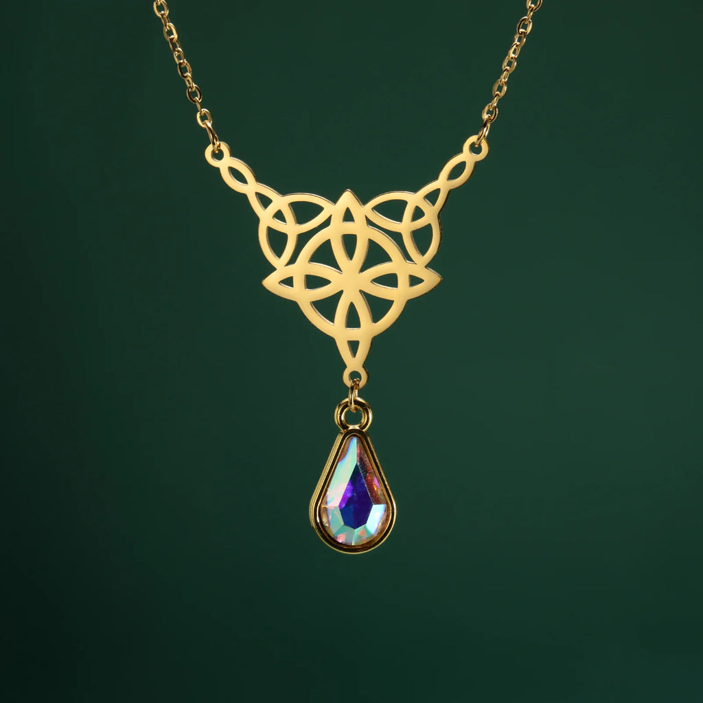 Witch Knot Necklace For Women Stainless Steel Hollow Celtic Knot Crystal Pendant Necklace