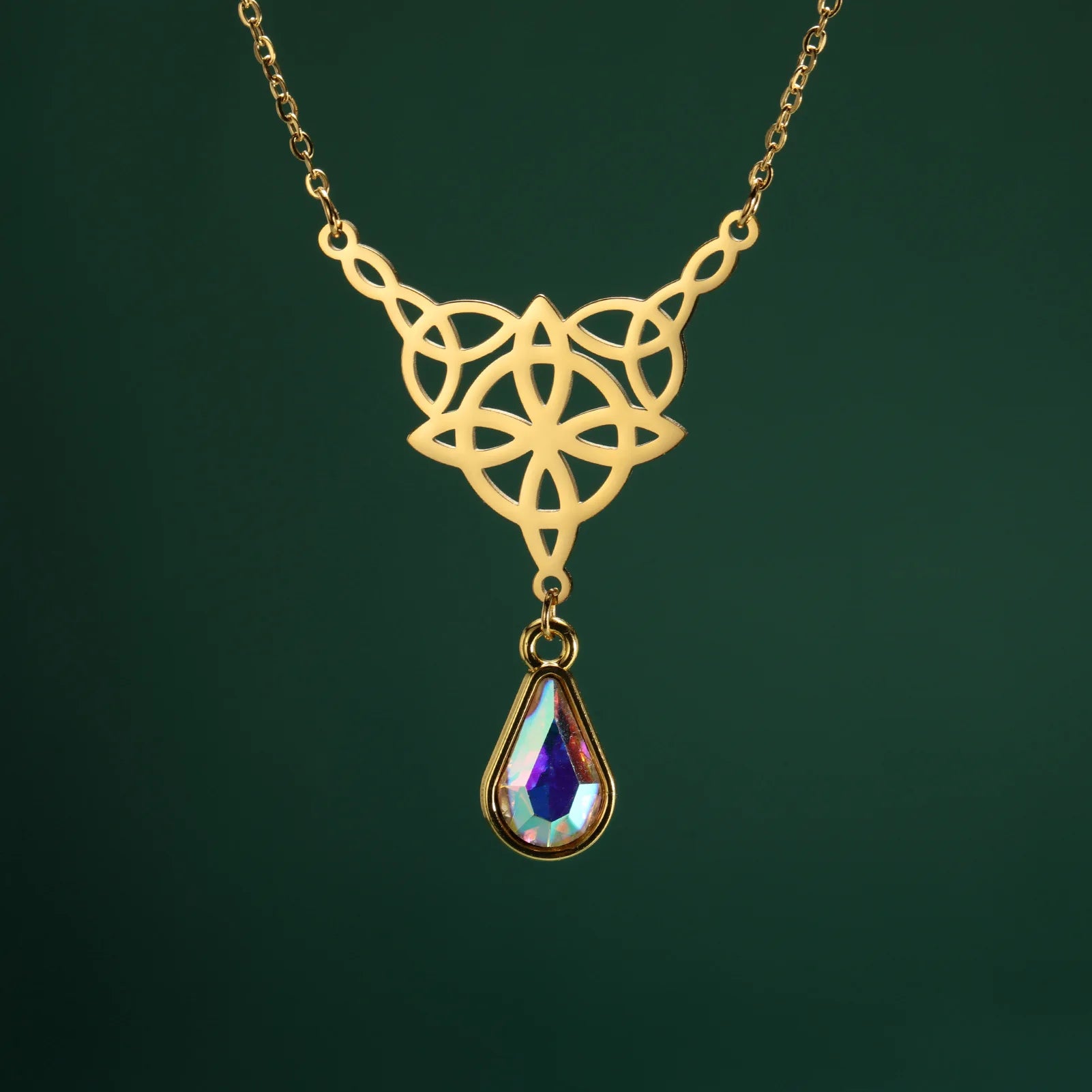 Witch Knot Necklace For Women Stainless Steel Hollow Celtic Knot Crystal Pendant Necklace