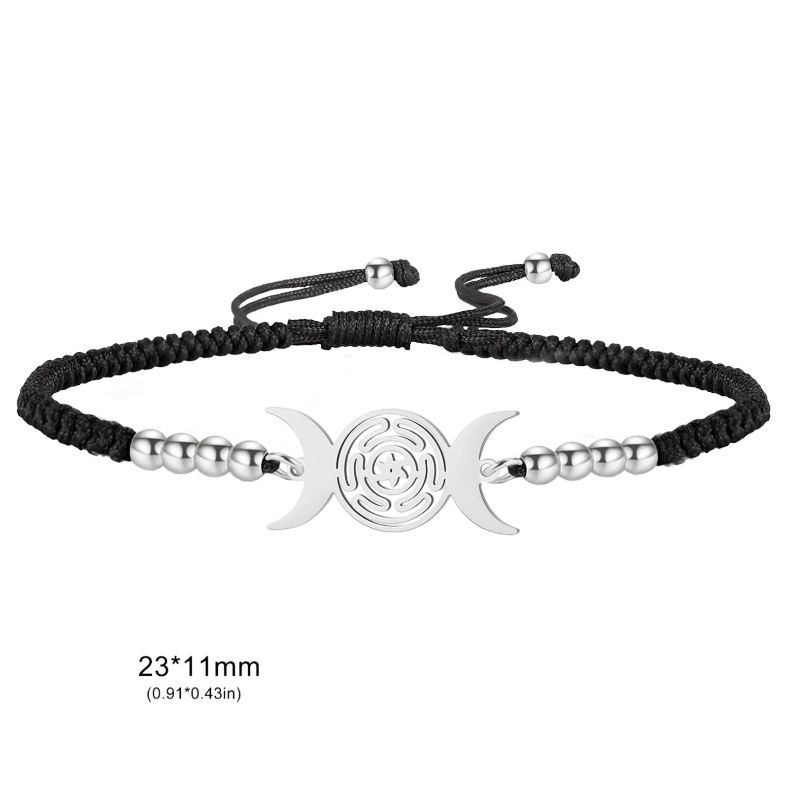 Triple Moon Goddess Bracelet for Women Hecate Wheel Adjustable Black Rope Bracelet Wiccan Pagan Jewelry Gift