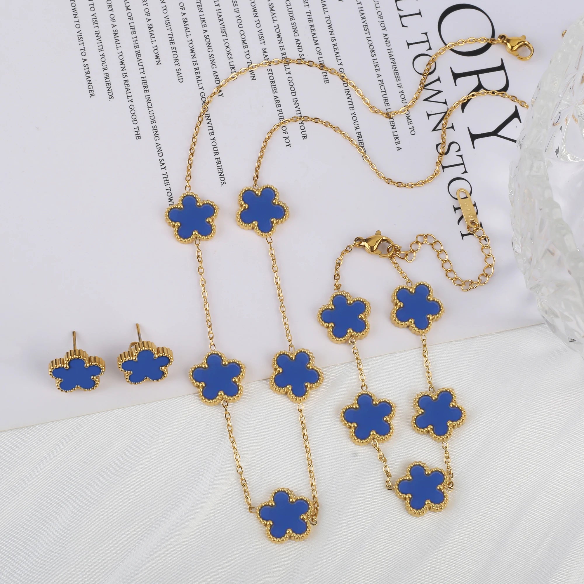 316 Stainless Steel Flower Five Leaf Necklace Bracelet Earrings 18K Gold Plated Jewelry Set