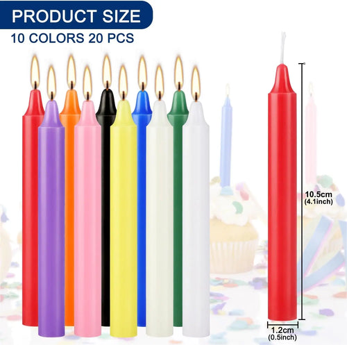 20 Colorful Small Stick Candles, Drip-Free, Smoke-Free, Unscented, Hand-Poured, High-Quality, Suitable for various events, Parties, Witchcraft, Rituals