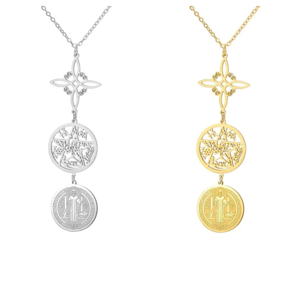 Triple Amulets Protection Necklaces for Women Witch Knot Pentagram Tetragrammaton St. Benedict Stainless Steel Jewerly Gift