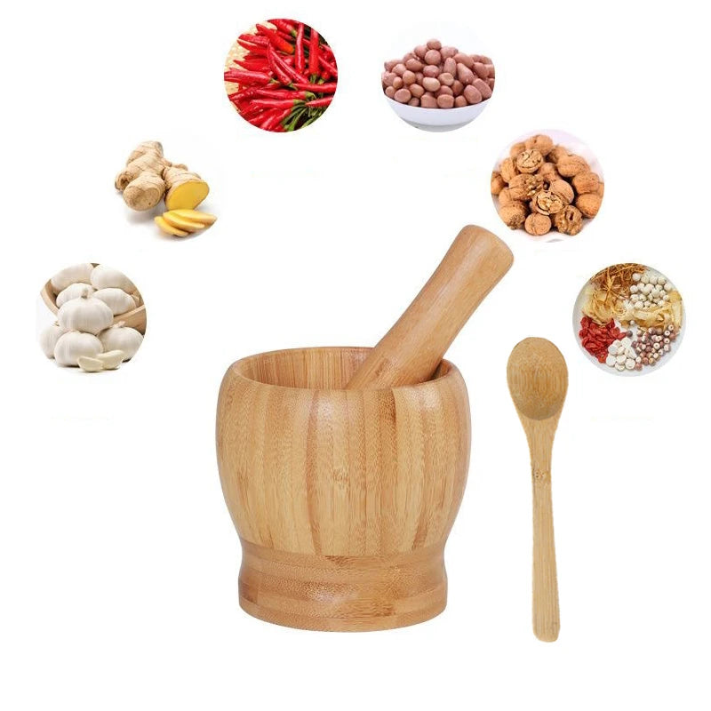 Traditional Bamboo Mortar and Pestle Set Garlic Grinder Herb Spice Masher Seasoning Crusher Kitchen Tool for Mash Spices Pepper Witchcraft Rituals