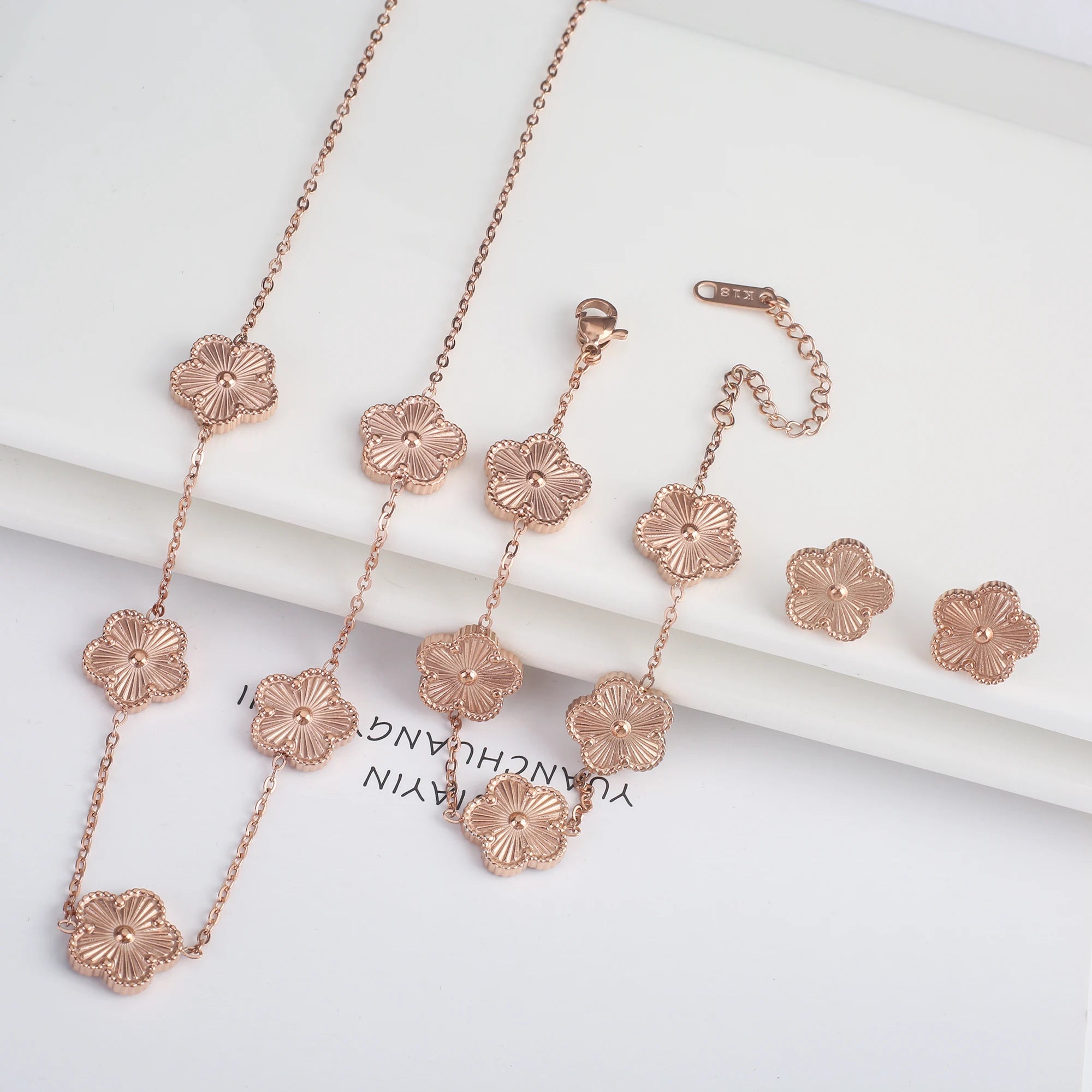 316 Stainless Steel Flower Five Leaf Necklace Bracelet Earrings 18K Gold Plated Jewelry Set