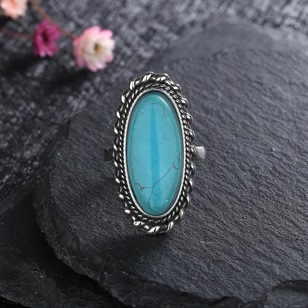 S925 Sterling Silver Vintage Ring With Natural Turquoise Stone Rings Oval and Round Shape Flower Carved Rings For Women Men