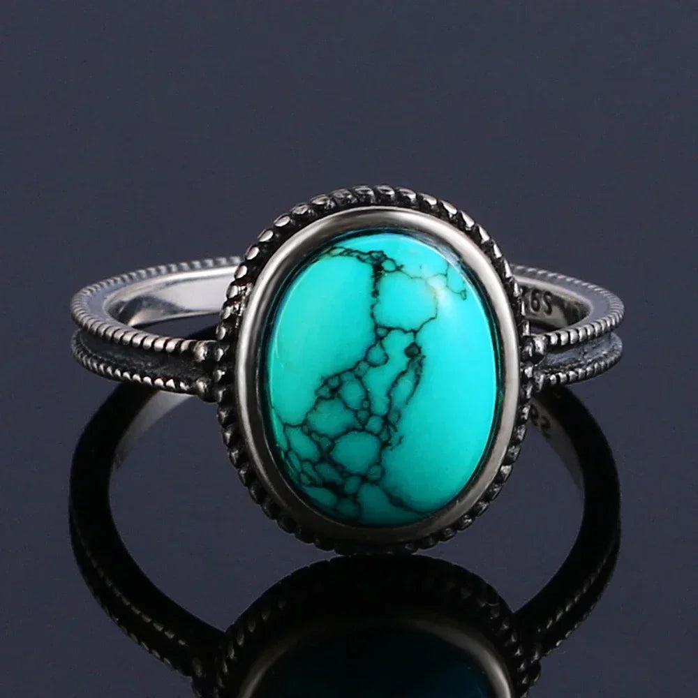 S925 Sterling Silver Vintage Ring With Natural Turquoise Stone Rings Oval and Round Shape Flower Carved Rings For Women Men