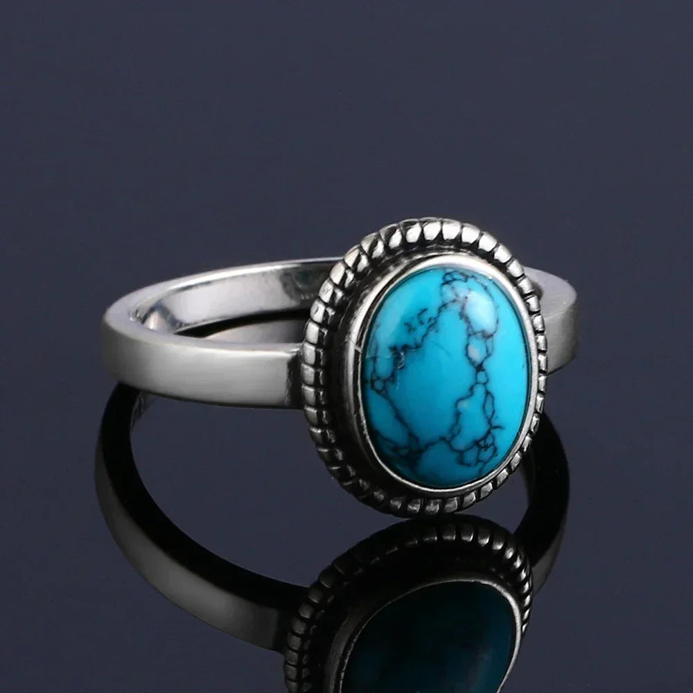 S925 Sterling Silver Vintage Ring With Natural Turquoise Stone Rings Oval and Round Shape Flower Carved Rings For Women Men