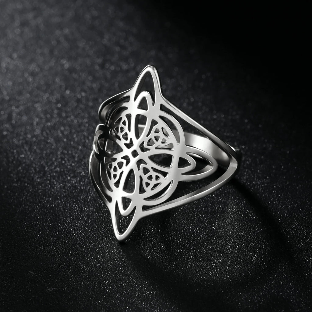Witch Knot Stainless Steel Ring Wiccan Cross Celtics Knot Witchcraft Good Luck Protection