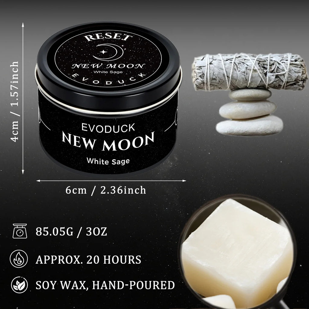1pc New Moon Scented Candles Crystal Energy Candles 3oz Soy Wax Scented Candle Black Tin with Black Crystal Chips Witchcraft Rituals