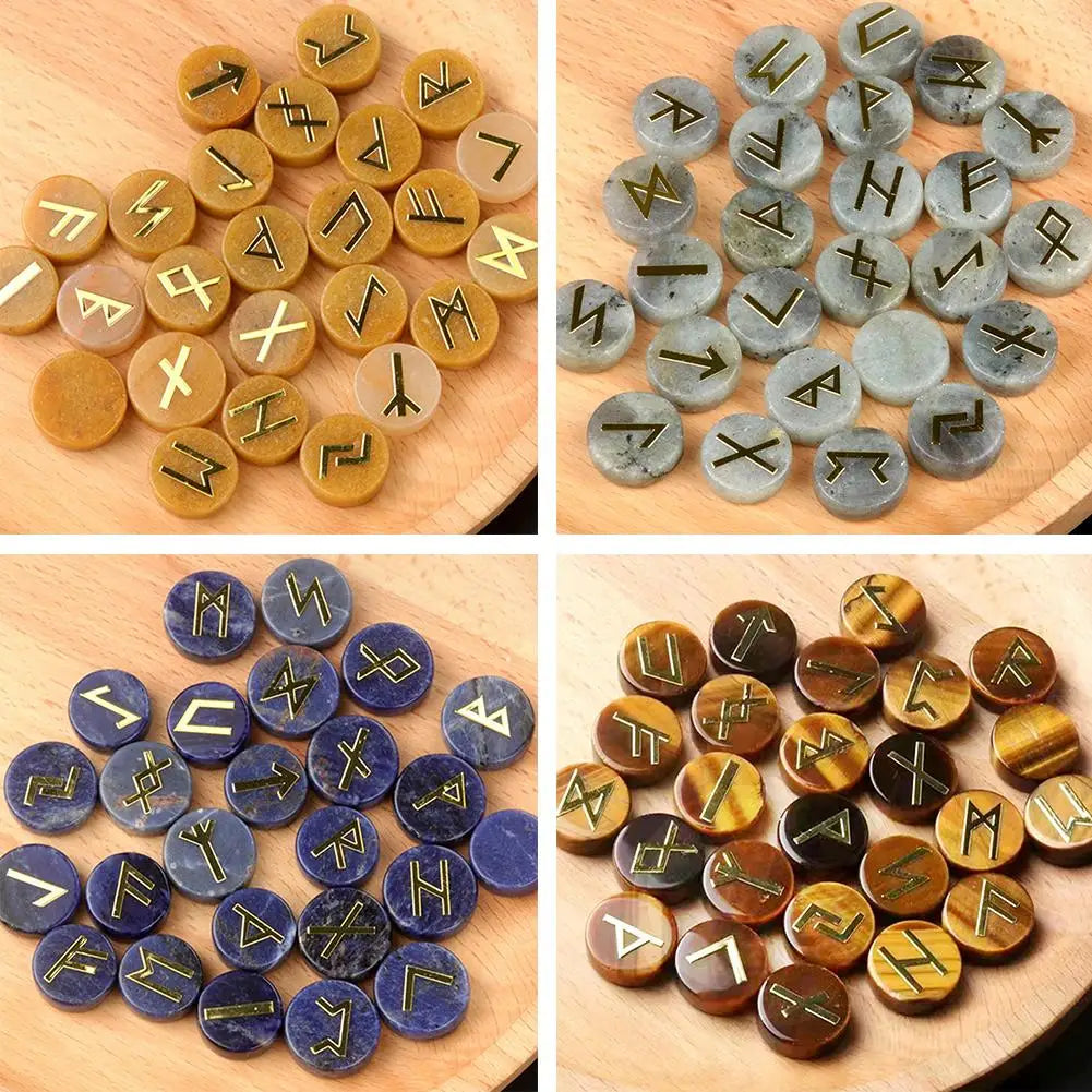 25Pcs/Set Natural Crystal Agate Rune Stones Divination Meditation Rituals Witchcraft