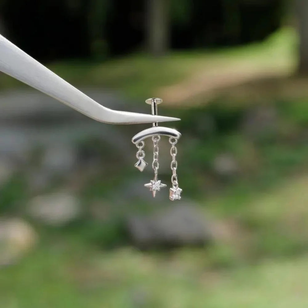 1PC 925 Sterling Silver Eight-pointed Star CZ Piercing Earring For Women Ins Tassel Chain Stud Earring Party Fine Jewelry