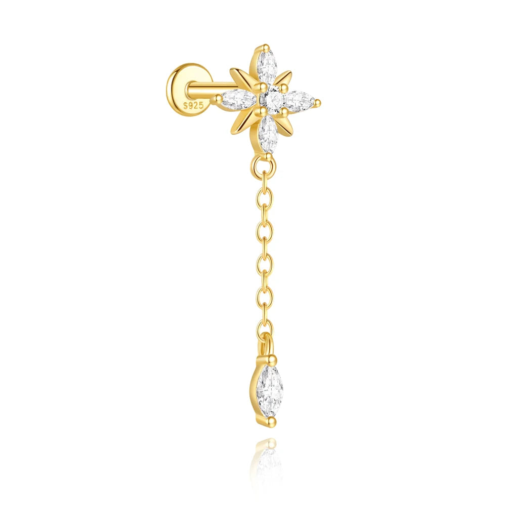 1PC 925 Sterling Silver Eight-pointed Star CZ Piercing Earring For Women Ins Tassel Chain Stud Earring Party Fine Jewelry
