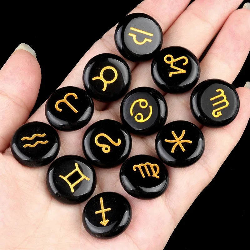 12 Constellations Themed Rune Spiritual Stones Zodiac Sign Reiki Healing Crystals Pocket Stones Natural Obsidian
